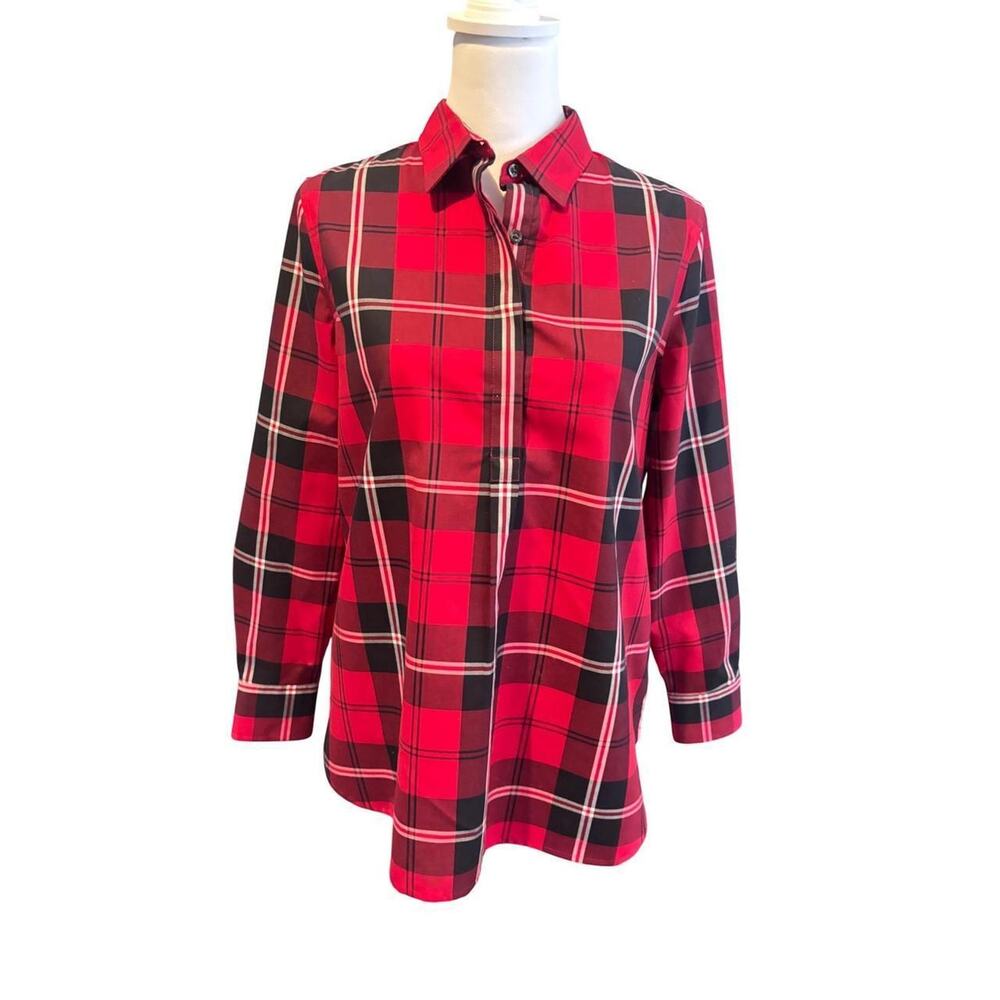 Lands End Red Black PreppyPlaid No Iron Supima Cotton Tunic Top Shirt Womens 10P